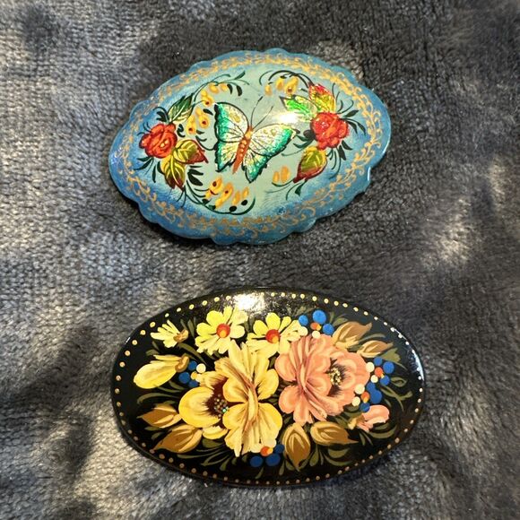 vintage Russian wood hand painted brooch Lacquered signed Lot Of 2